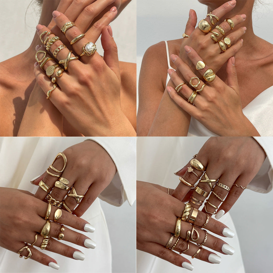 Irregular Abstract Stackable Gold/Silver Statement Ring Set, Handmade Textured Chunky Band Rings