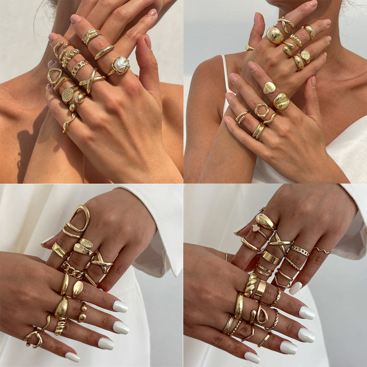 Irregular Abstract Stackable Gold/Silver Statement Ring Set, Handmade Textured Chunky Band Rings