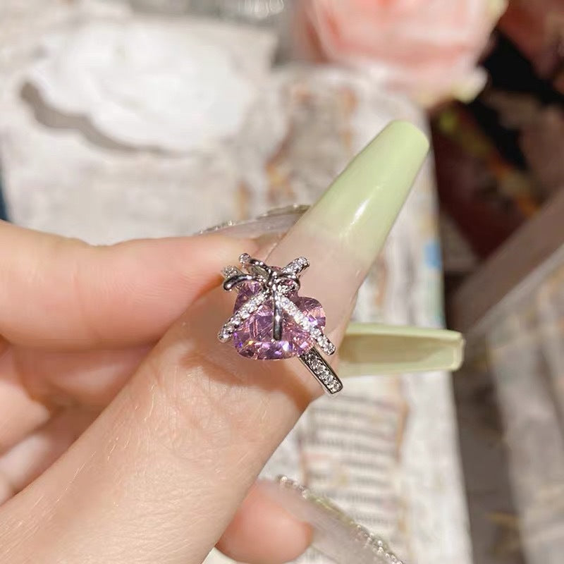 Bow‑Wrapped Heart‑Shaped Gem & Diamond Ring, Dainty Gift‑Inspired Statement Adjustable Opening Ring for Women