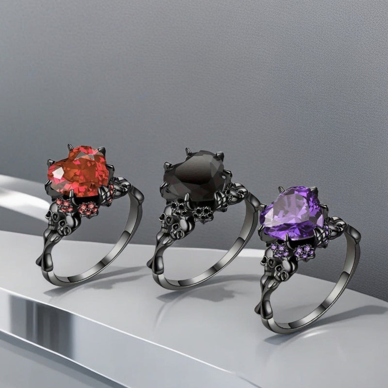 Gothic Skull Claw Heart Gem Ring, 3 Color Red Black Purple Heart Stone Dark Punk Halloween Statement Ring