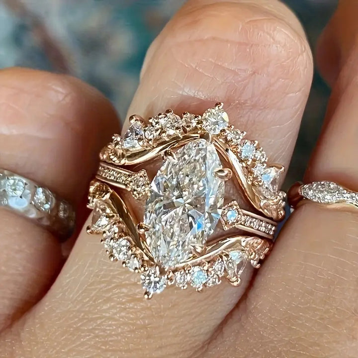 Marquise Cut Diamond Ring Set, 14K Gold Vintage Floral Stacking Bridal Ring