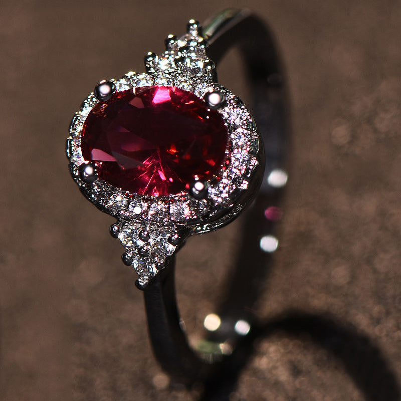Oval red Gemstone Halo Ring, Vintage Crown Design Sparkling Diamond Accent Ladies Statement Ring