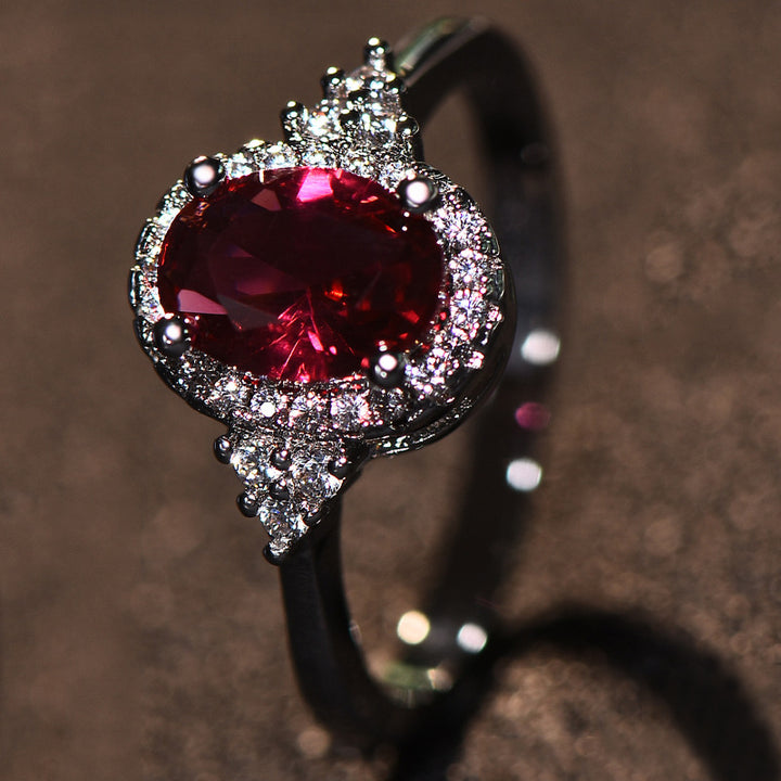 Oval red Gemstone Halo Ring, Vintage Crown Design Sparkling Diamond Accent Ladies Statement Ring
