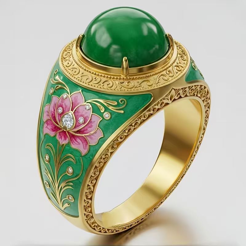 Vintage Enamel Lotus Green Cabochon Statement Ring For Women