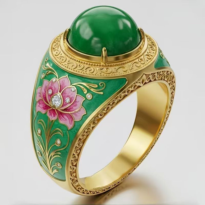 Vintage Enamel Lotus Green Cabochon Statement Ring For Women
