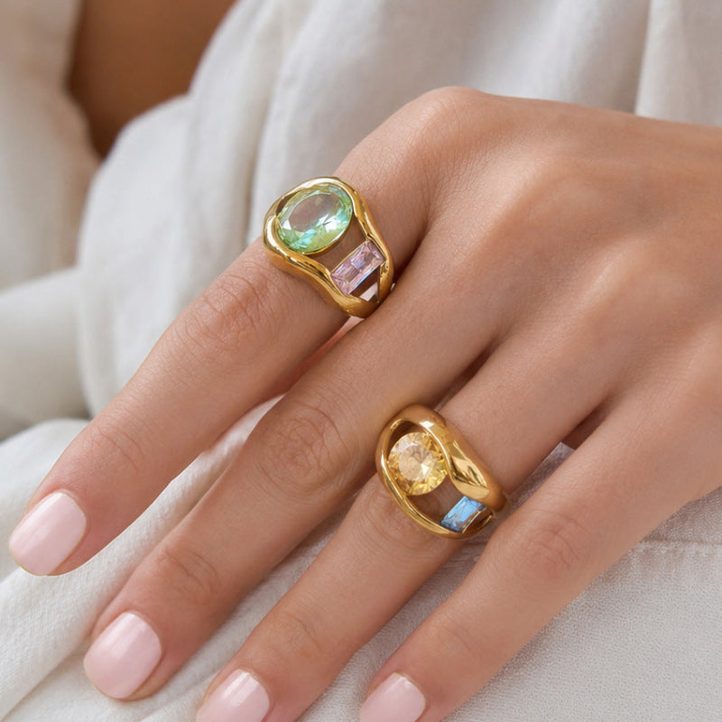 Two-Tone Geometric Diamond Open Ring, 18K Gold Abstract Irregular Statement Band