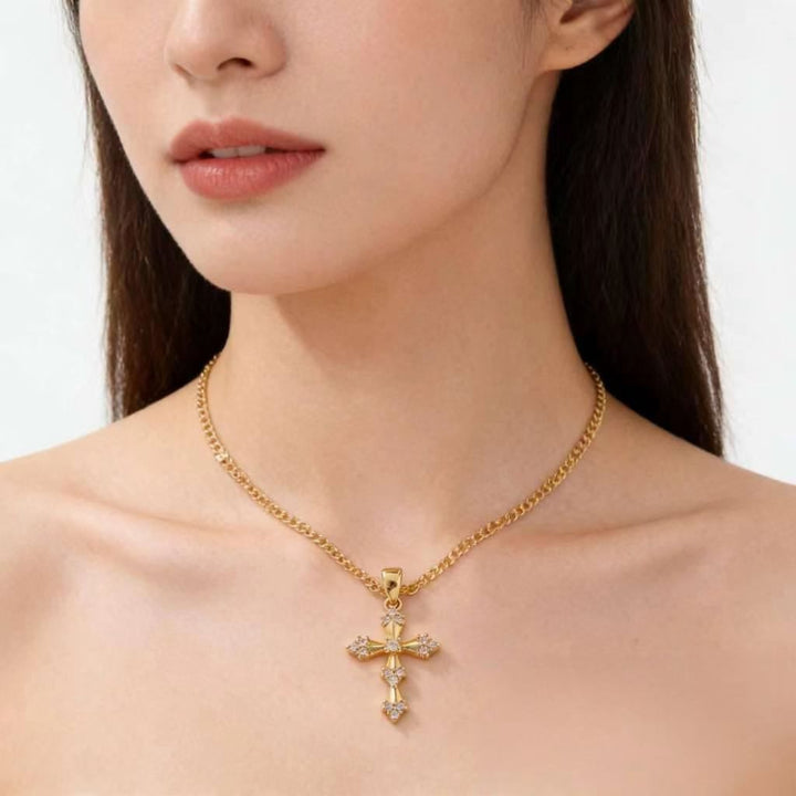 Vintage Diamond Paved Cross Pendant Necklace, Dainty Statement Jewelry for Women
