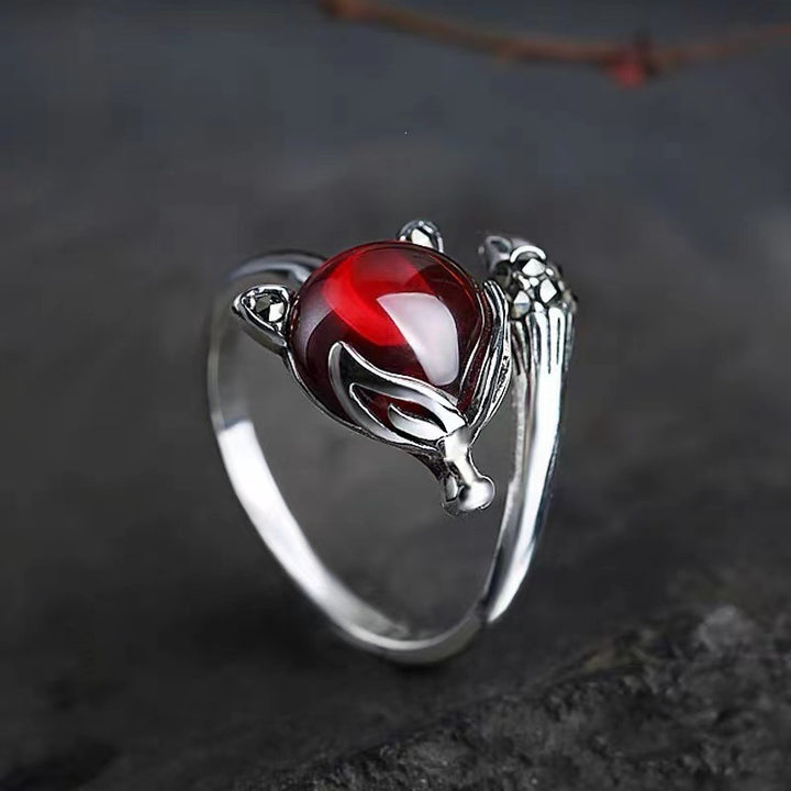 Vintage Red Gem Fox Statement Ring, Antique Silver Animal Spirit Adjustable Opening Band