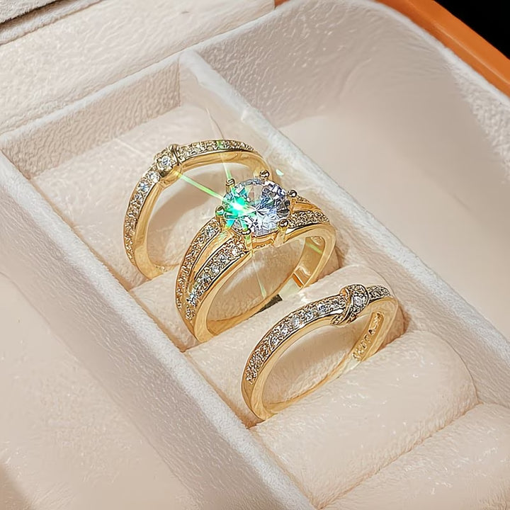 Round‑Cut Diamond 3‑Piece Ring Set, Multi‑Row Pave Accent Stackable Engagement Wedding Ring