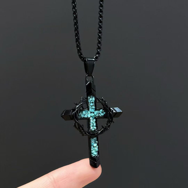 Thorn Wrapped Turquoise Gem Black Cross Pendant Necklace, Street Style Men’s Chain
