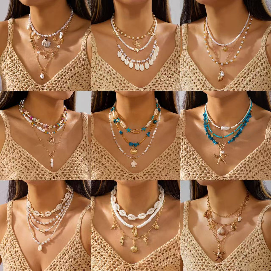 Casual &amp; Versatile Bohemian Starfish Shell Pendant Multi-strand Necklaces for Women Beach Jewelry