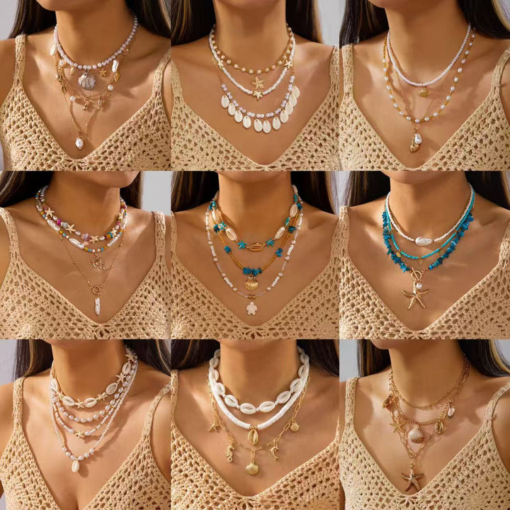 Casual &amp; Versatile Bohemian Starfish Shell Pendant Multi-strand Necklaces for Women Beach Jewelry