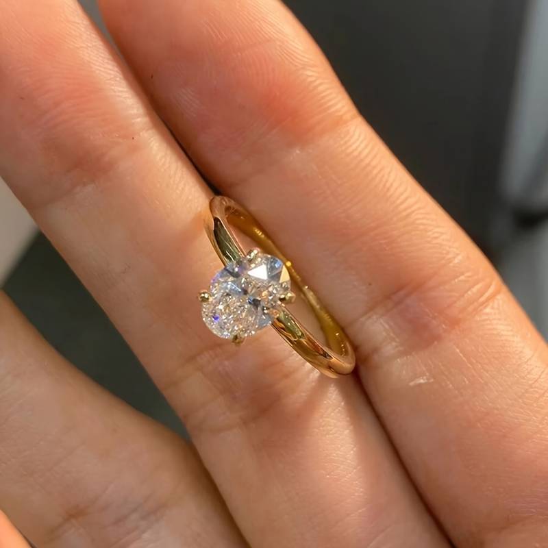 4-Prong Oval Cut Stone Solitaire Ring, 18K Gold Silver Minimal Slim Band Engagement Ring