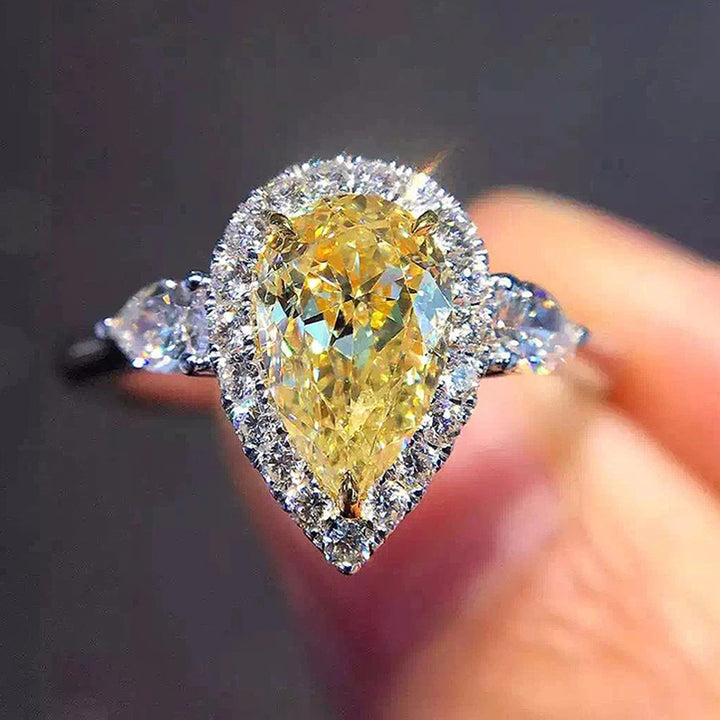 Pear‑Cut Yellow Diamond Halo Ring, Elegant Three‑Stone Women’s Ring
