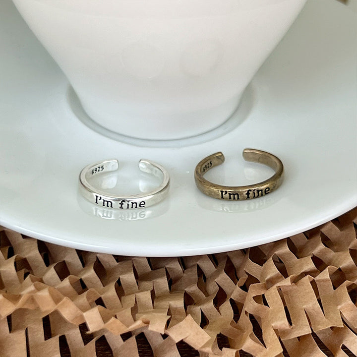 "I'm fine" Engraved Slim Open Ring, Vintage Two-Tone Stackable Text Statement Rings For Women
