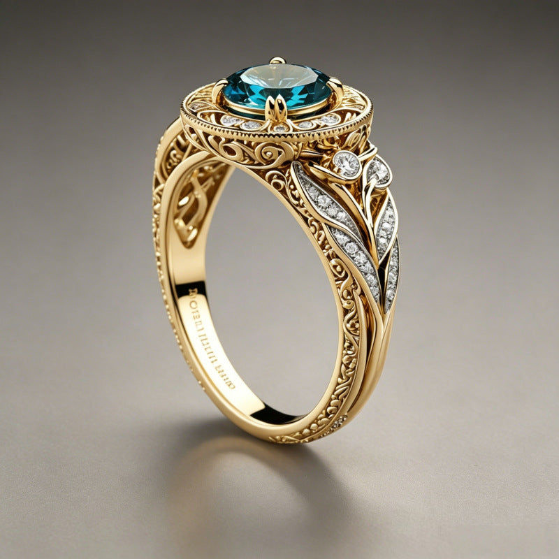 Vintage Round Blue Gemstone Ring, Intricate Filigree Diamond Accent Statement Ring, Luxury Gift