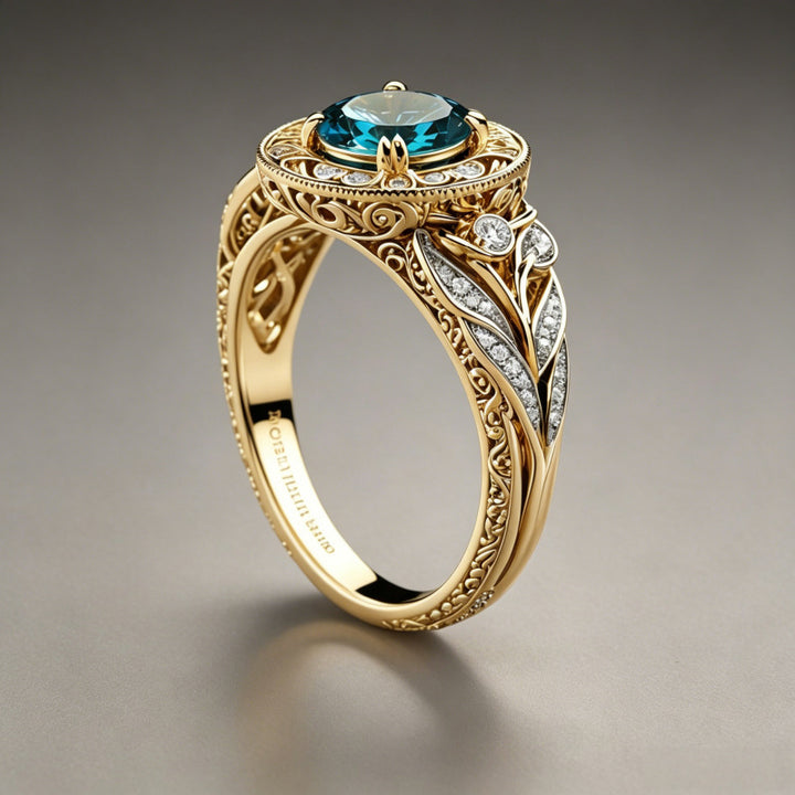 Vintage Round Blue Gemstone Ring, Intricate Filigree Diamond Accent Statement Ring, Luxury Gift