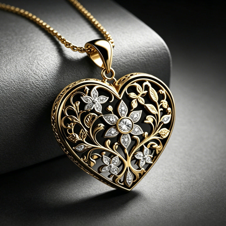 14K Gold Openwork Heart Diamond Pendant Necklace, Vintage Floral Filigree Necklace