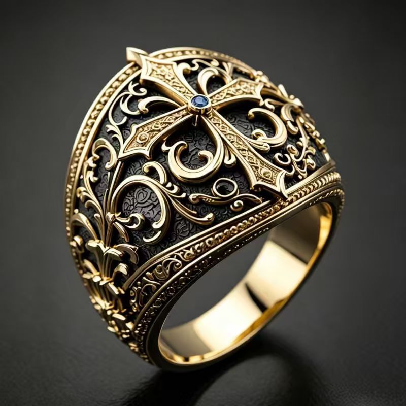 Vintage Engraved Cross Diamond Signet Ring, Gold Tone Men’s Statement Ring