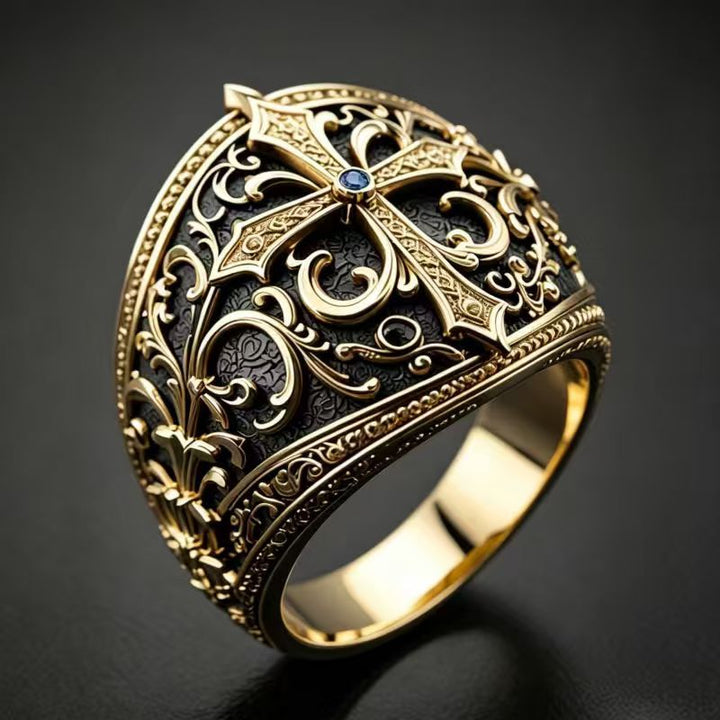 Vintage Engraved Cross Diamond Signet Ring, Gold Tone Men’s Statement Ring