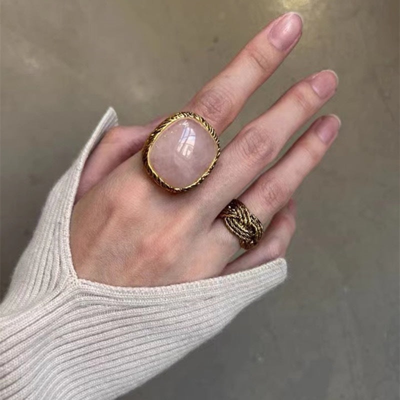 Textured 18K Gold Natural Stone Signet Ring, 3 Gem Tone Vintage Wide Band Statement Ring