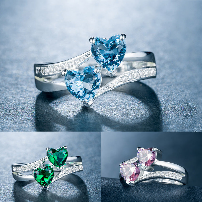 Two Heart Gemstone Twisted Band Ring, Multi-color Optional Romantic Statement Ring for Women