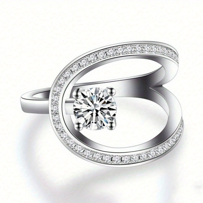 Classic Ring with Openwork Linear Design, Round Center Diamond Statement Ring for Women