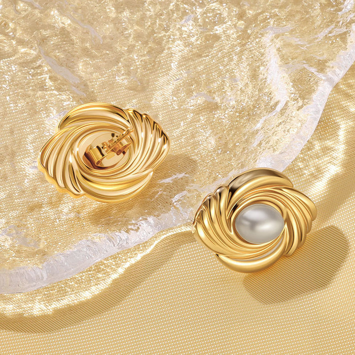 18K Gold Swirl Pearl Stud Earrings, Abstract Twisted Minimalist Earrings