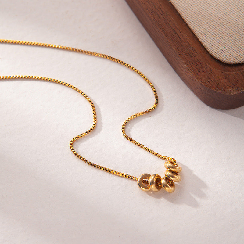 Minimalist 5 Rolling Rings Box Chain Gold Necklace, Dainty Spiral Circle Stack Pendant Timeless
