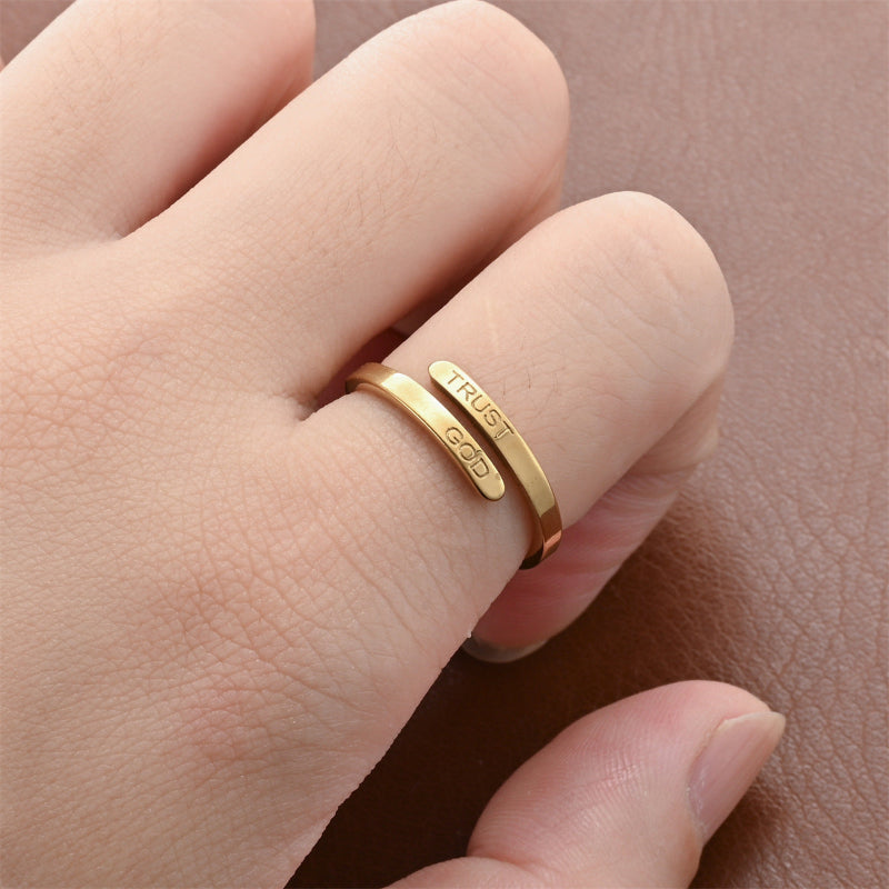 TRUST GOD Engraved Open Adjustable Wrap Ring, Minimalist Christian Faith Inspirational Stackable Band