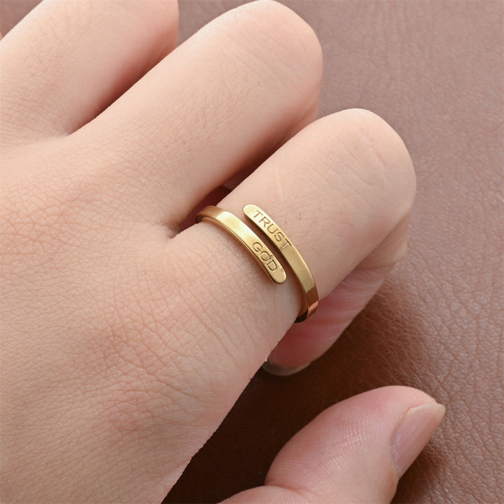 TRUST GOD Engraved Open Adjustable Wrap Ring, Minimalist Christian Faith Inspirational Stackable Band
