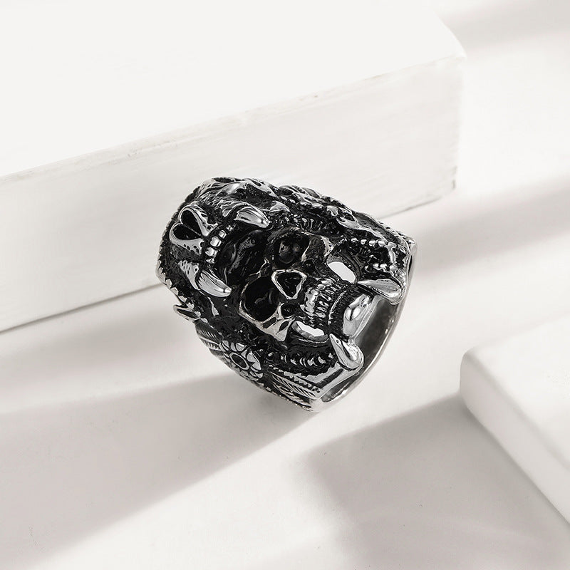 Vintage Carved Skull Totem Men’s Closed Band Ring, Distressed Punk-Style Ring