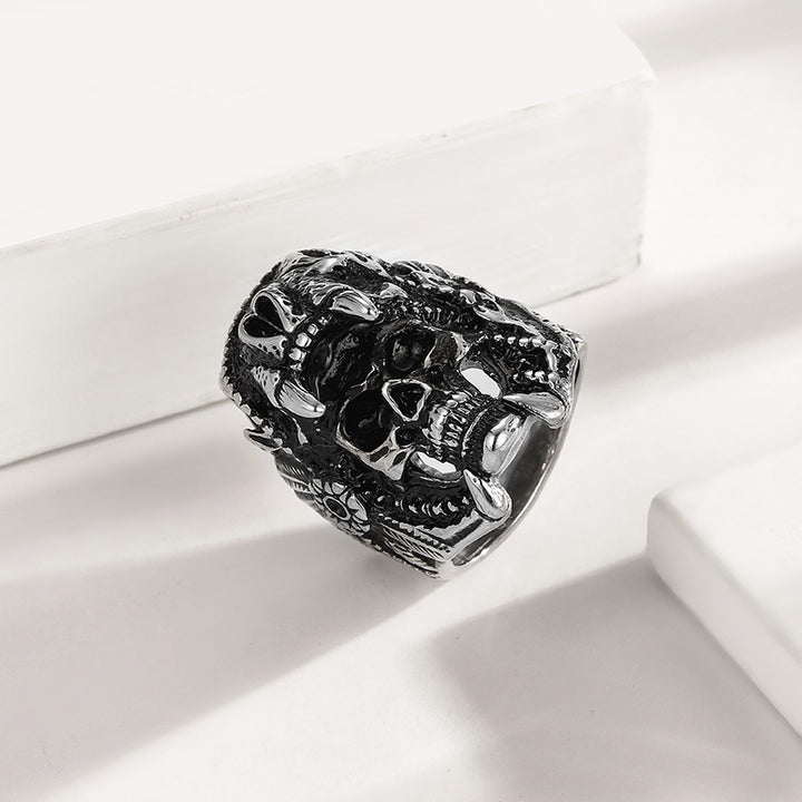 Vintage Carved Skull Totem Men’s Closed Band Ring, Distressed Punk-Style Ring
