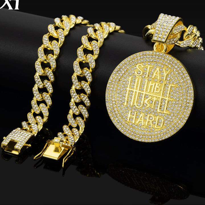 Round Diamond Pendant Cuban Chain Necklace, Unisex Hip Hop Motivational Statement Jewelry