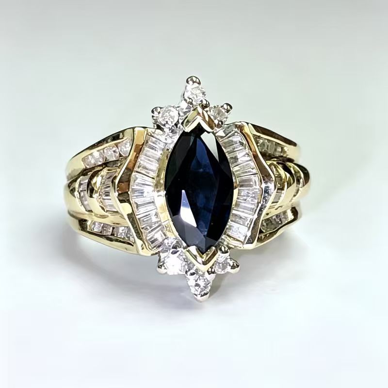Marquise‑Cut Blue Gemstone & Diamond Promise Ring, Vintage Gold Tone Bridal Ring