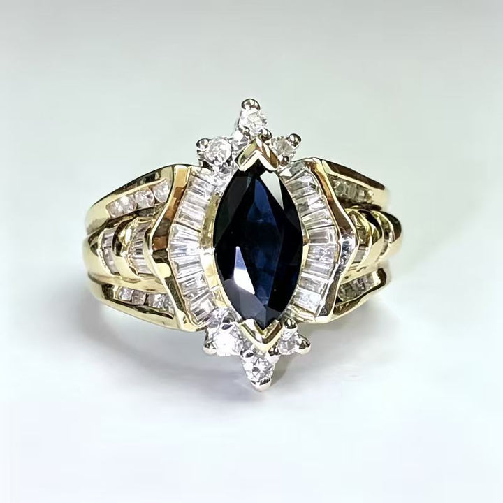 Marquise‑Cut Blue Gemstone & Diamond Promise Ring, Vintage Gold Tone Bridal Ring