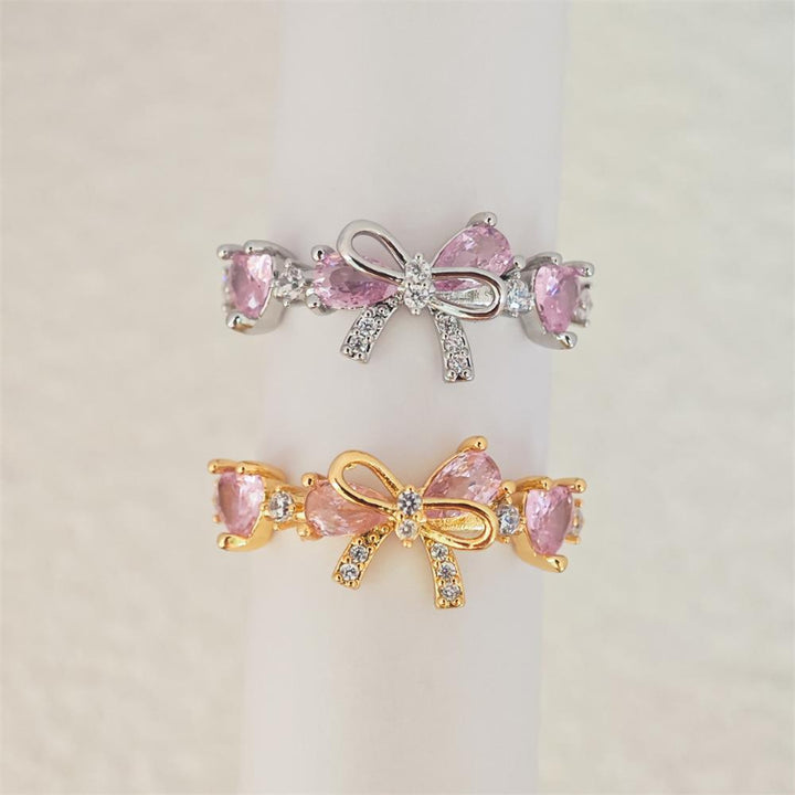 Dainty Pink Heart Diamond Bow Diamond Band Ring, Adjustable Opening Women Promise Ring