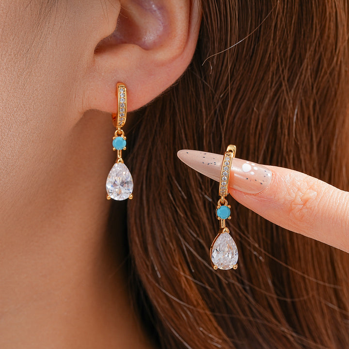 Teardrop Dangle Huggie Earrings, Turquoise Accent Drop Earrings for Women, Elegant Daily &amp; Party Jewelry