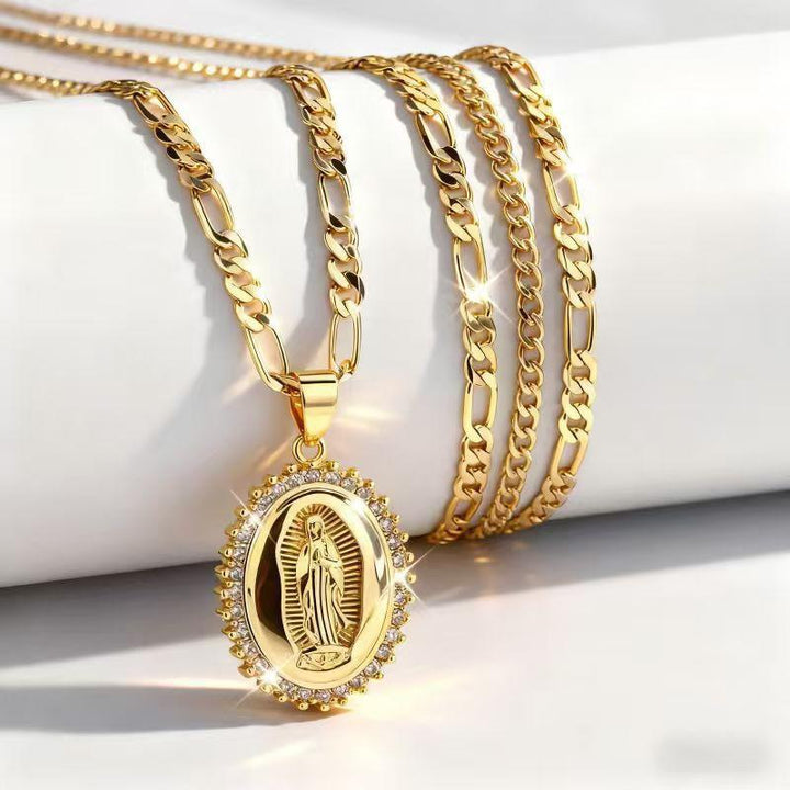 Oval Medallion Diamond‑Border Pendant Necklace, Gold Tone Figaro Chain