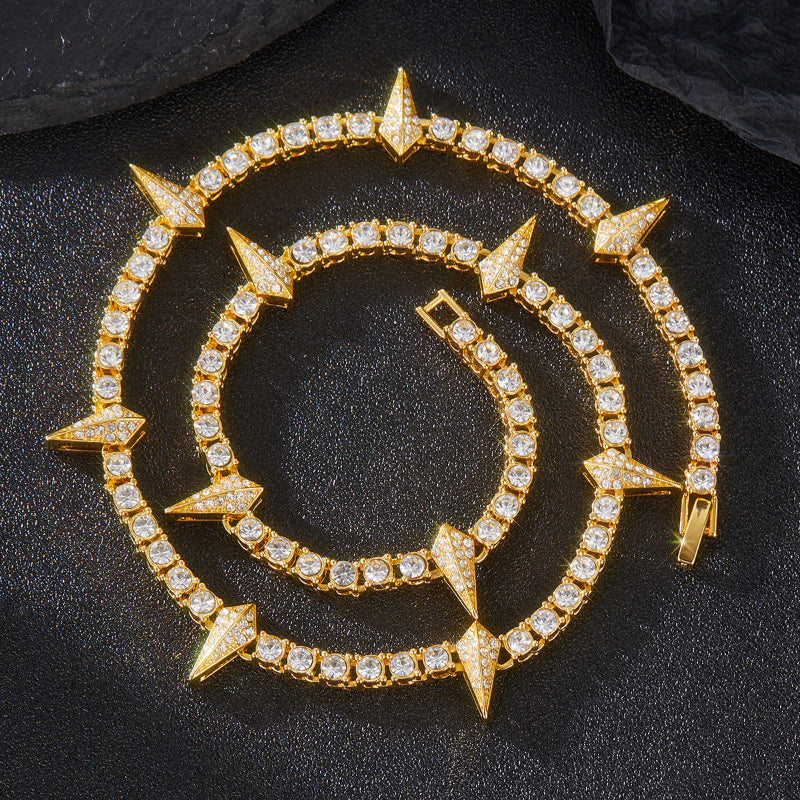 Spike Triangle Stud Tennis Chain Choker, Full Pave Diamond Edgy Rock Hip Hop Statement Necklace