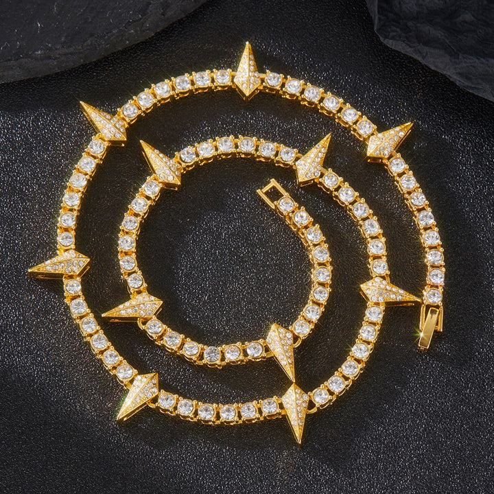 Spike Triangle Stud Tennis Chain Choker, Full Pave Diamond Edgy Rock Hip Hop Statement Necklace