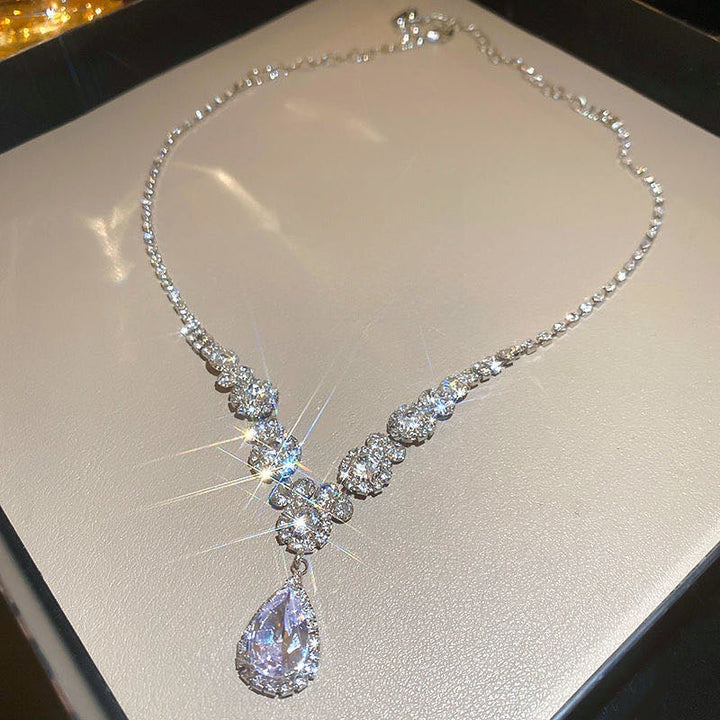V-Shaped Floral Teardrop Diamonds Necklace, Dainty Wedding Diamond Pendant Chain