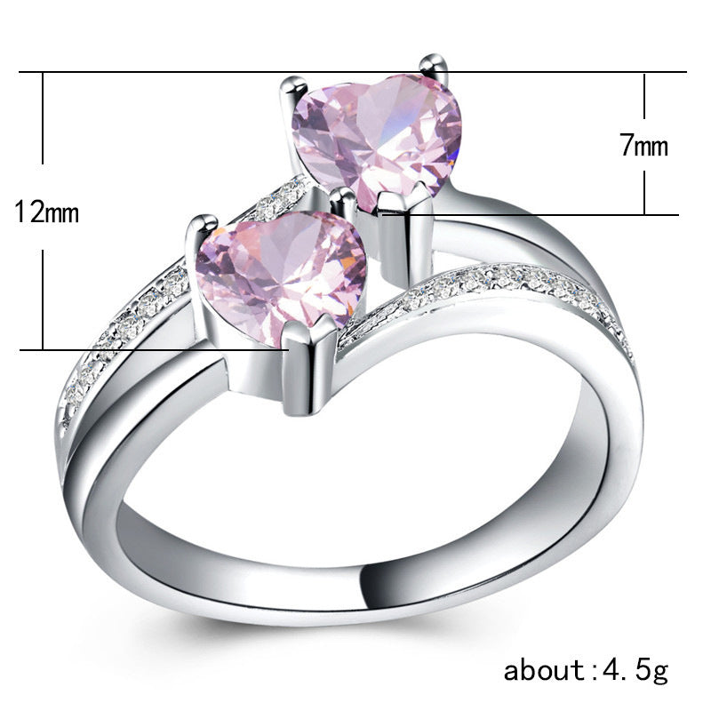 Two Heart Gemstone Twisted Band Ring, Multi-color Optional Romantic Statement Ring for Women