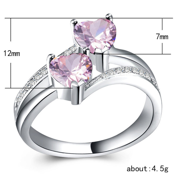 Two Heart Gemstone Twisted Band Ring, Multi-color Optional Romantic Statement Ring for Women