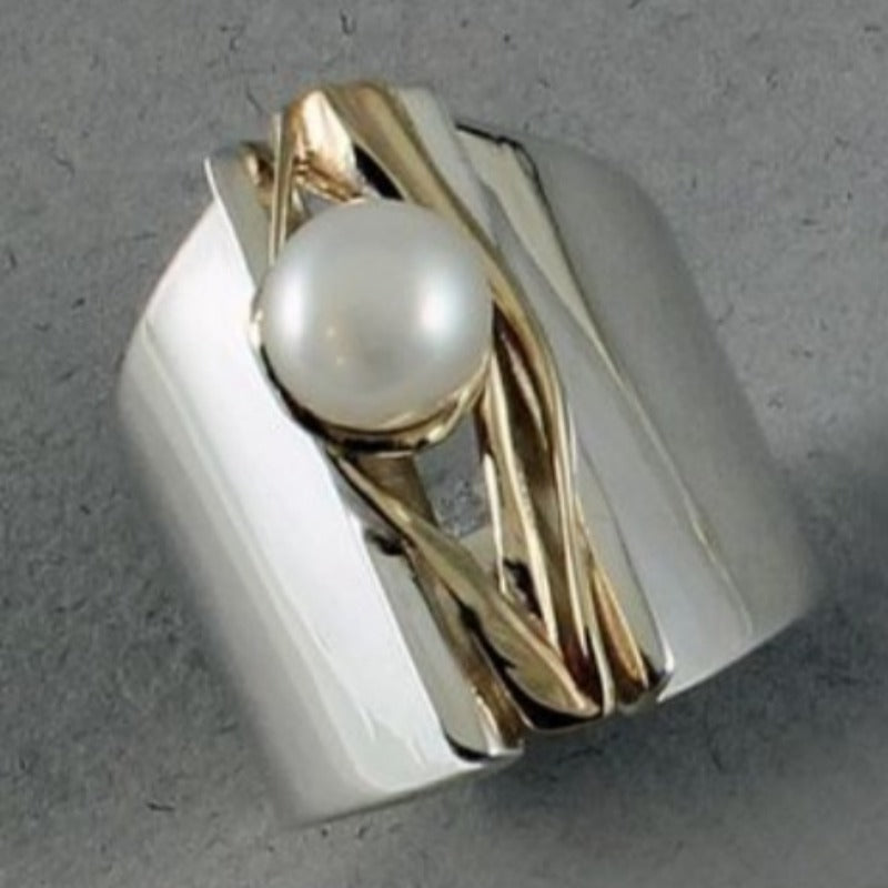 Two-tone Wide Band Pearl Statement Ring, Abstract Artisan Ring for Women