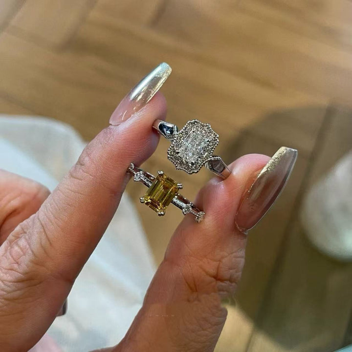 Adjustable Open Design Emerald Cut Silver Promise Ring Set, Minimal Vintage Accent Diamond Bridal Jewelry