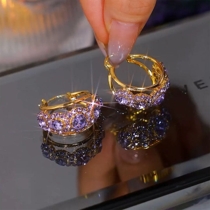 Sparkling Multi Stone Hoop Earrings, Elegant Hollow Inlaid Circle Earrings for Women