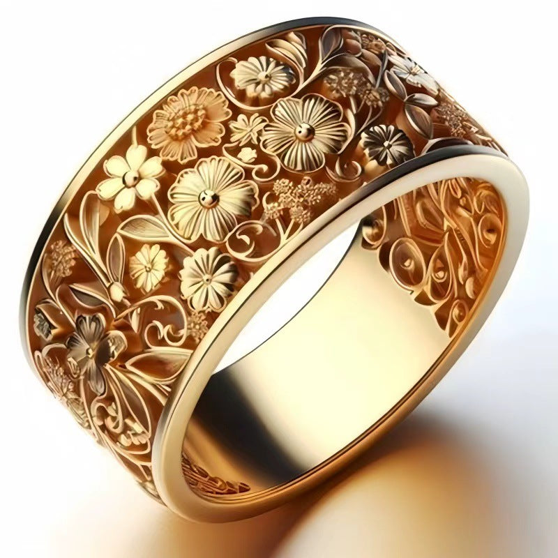 Vintage Carved Floral Wide Band Ring, Intricate Engraved Flower Ornament Statement Ring