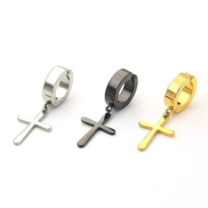 Non‑Piercing Cross Dangle Huggie Ear Clips, Punk Drop Cross Charm Hoop Ear Cuff for Men & Women