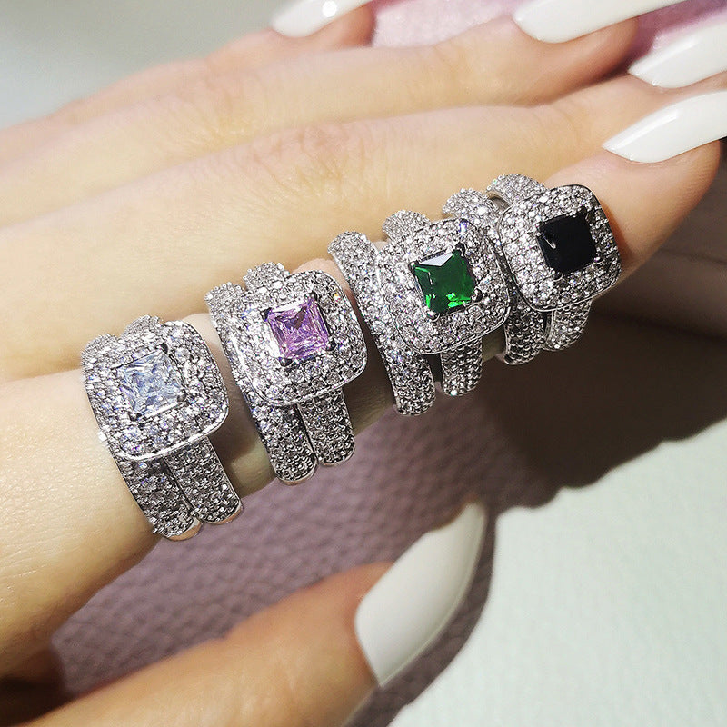 Princess Cut Double Halo Full Pave Silver Bridal Stack Ring Set For Engagement Proposals & Wedding